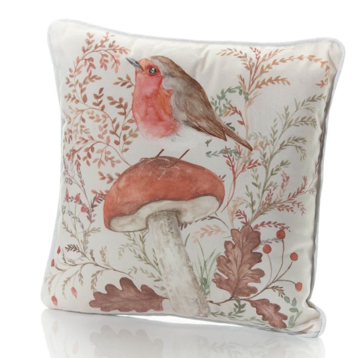 WOODLAND RUSTIC ROBIN CUSHION WITH TOADSTOOL