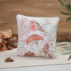 WOODLAND RUSTIC ROBIN CUSHION WITH TOADSTOOL